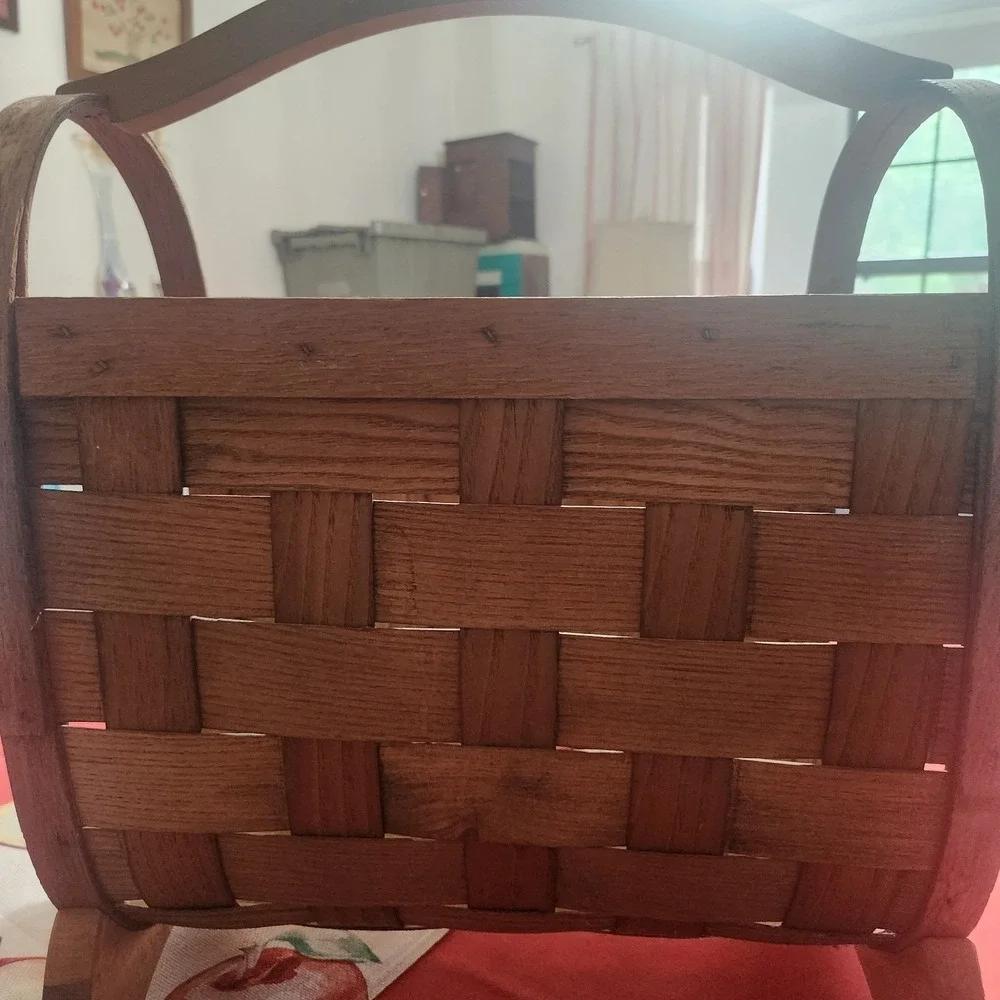Vintage Handmade Wooden Woven Basket Magazine Rack Farmhouse Primitive Decor